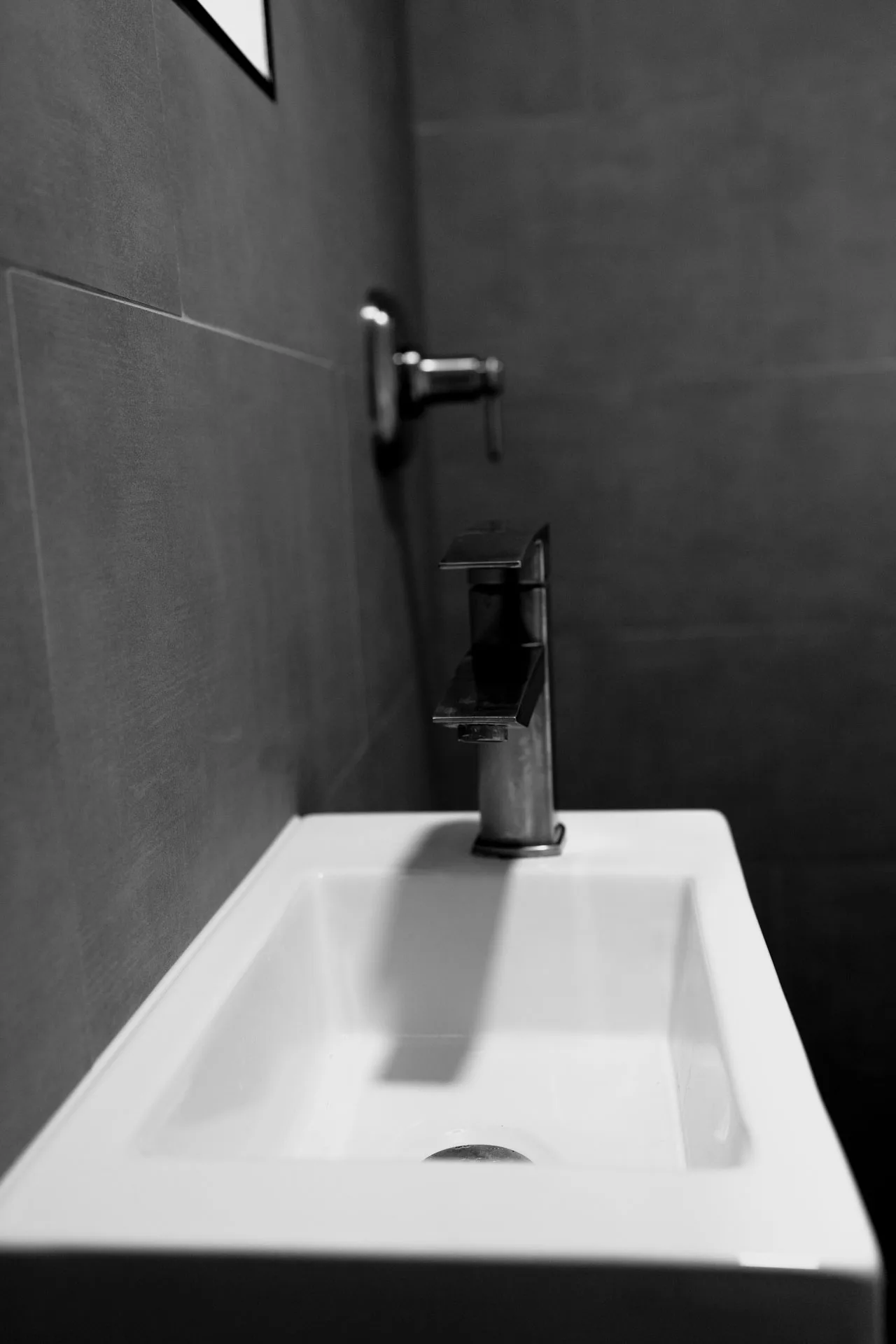 Compact white basin and dark wall finishes in Domain’s Black Container ADU bathroom